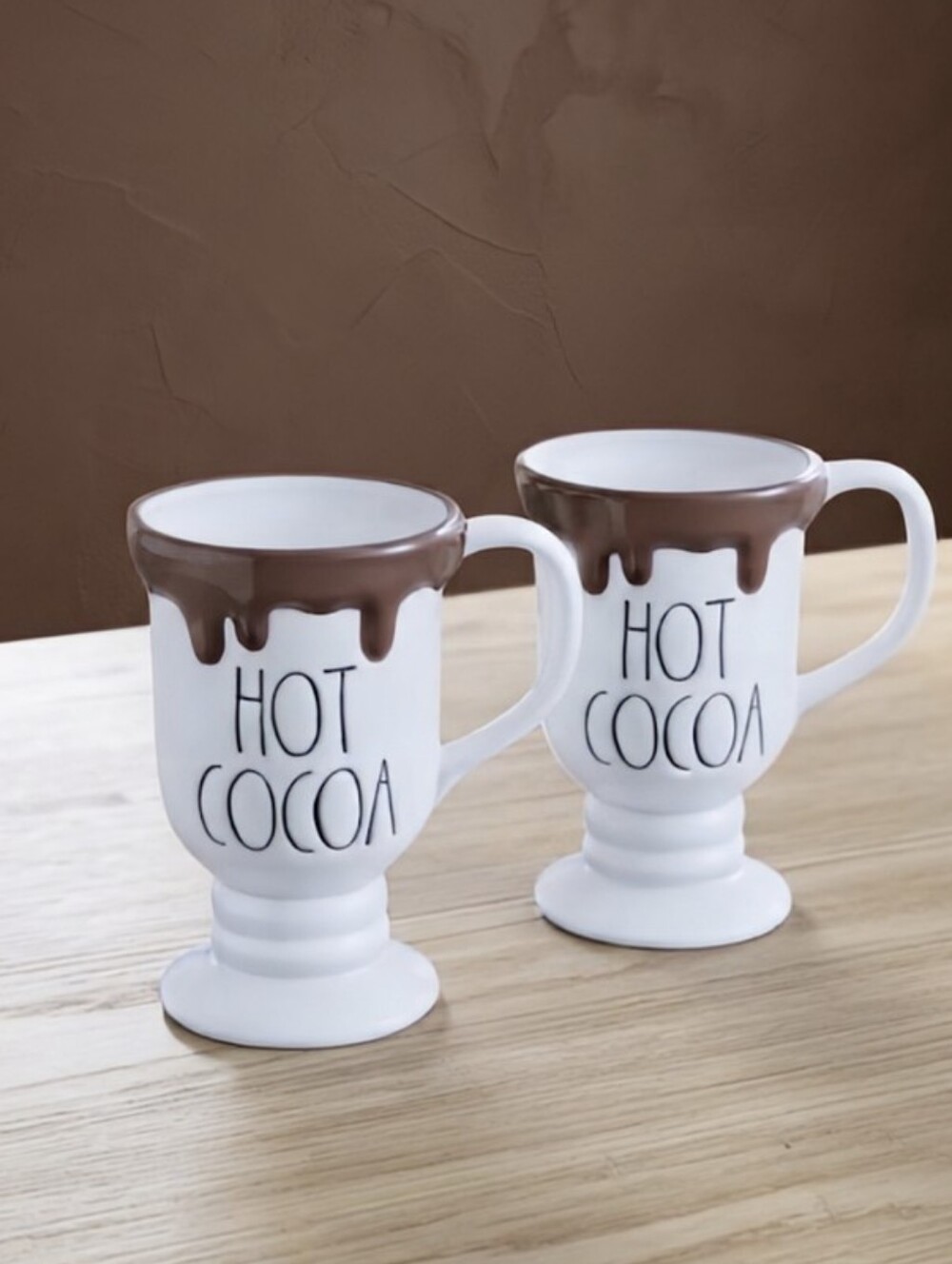 Rae Dunn HOT COCOA Chocolate Drip Pedestal Mugs - Set of 2